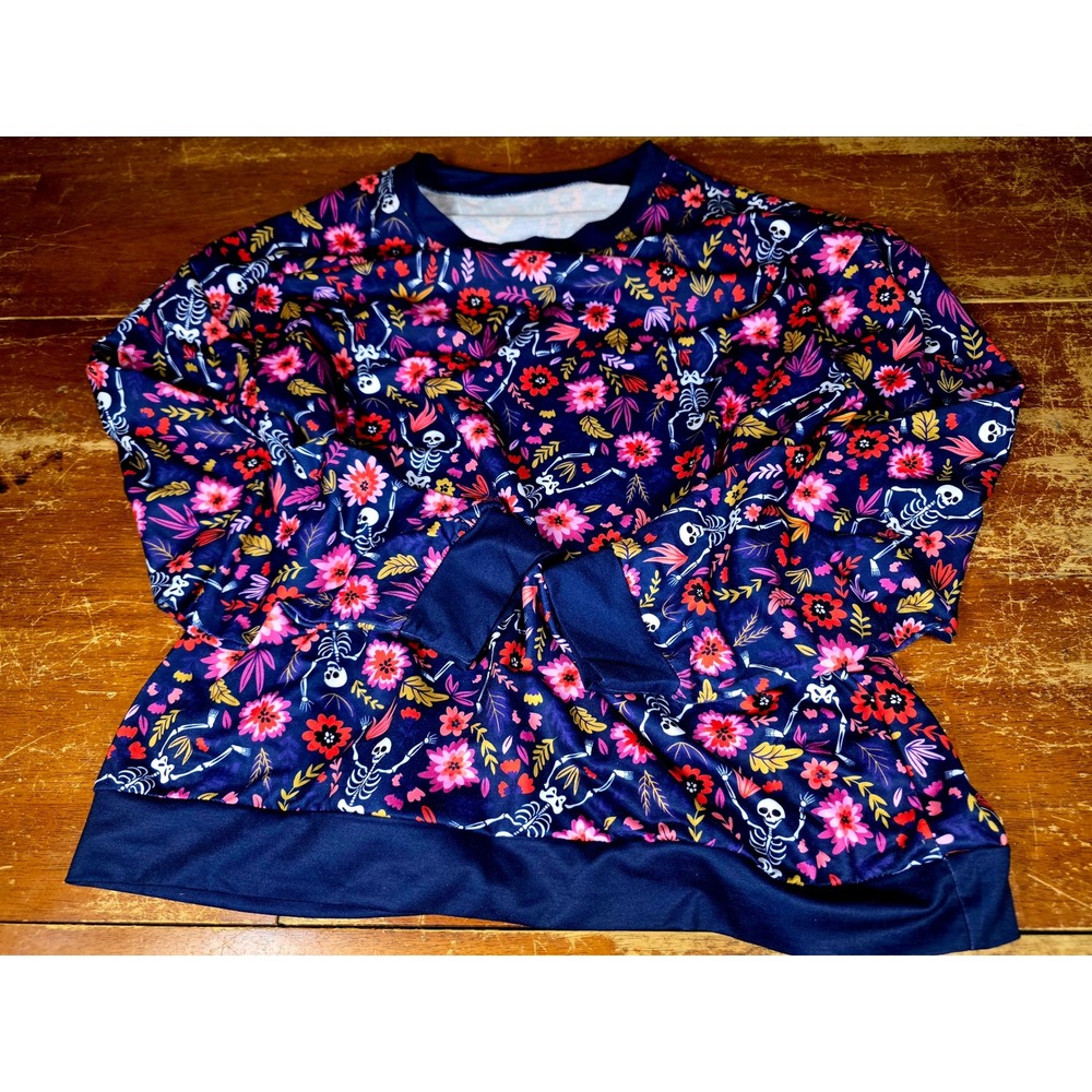 Navy Blue Skeleton Floral Print Sweatshirt XL Halloween Spooky Long Sleeve Top